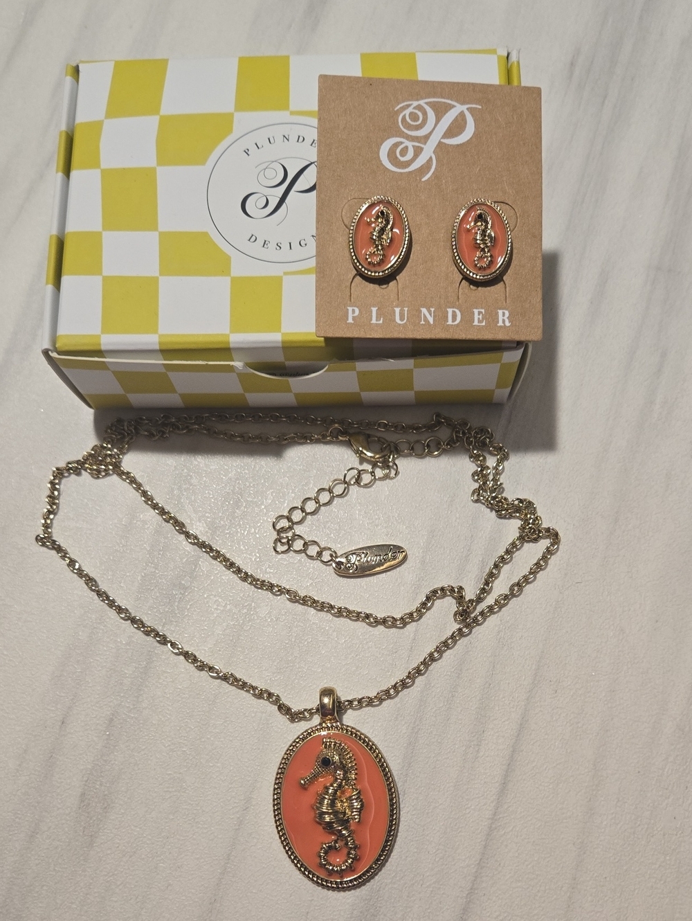 Plunder Gold-Tone Coral Seahorse Necklace & Stud Earrings Set
